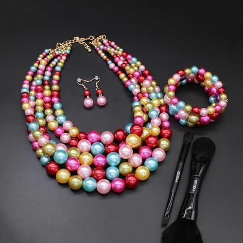 Faux Big Pearl Srand Necklaces for Women 5 Layers Pearls Choker Bib Collar Necklace Bracelet and Earrings set 1920s Costume Pearl Jewelry Bridal Wedding - color: colorful pink