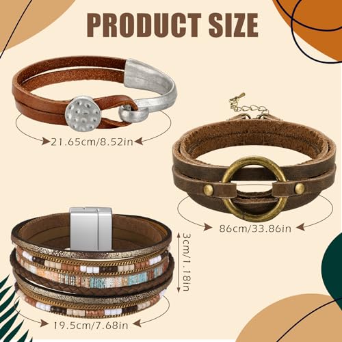 Inbagi 3 Pcs Western Jewelry for Women Bohemian Leather Bracelets for Women Faux Leather Multi Layered Wrap Bracelets Wristbands Cuff Boho Splicing Bangle Mens - style: Stylish