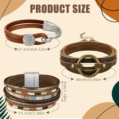 Inbagi 3 Pcs Western Jewelry for Women Bohemian Leather Bracelets for Women Faux Leather Multi Layered Wrap Bracelets Wristbands Cuff Boho Splicing Bangle Mens - style: Stylish