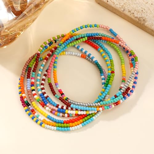 Gold Seed Beaded Stack Bracelets for Women,Handmade Stackable Stretch Colorful Ball Fall Jewelry Friendship Accessories Gift - color: rainbow
