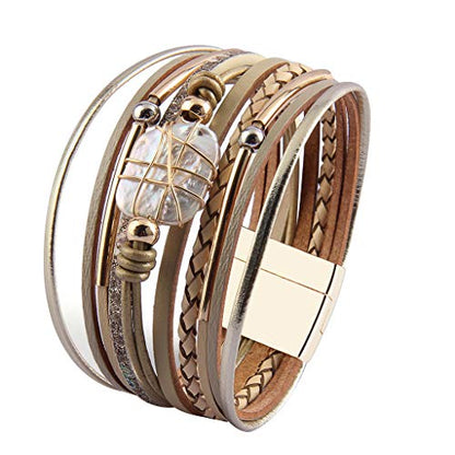 GelConnie Leather Cuff Bracelet Baroque Pearl Wrap Bracelet Gorgeous Gold Tube Bangle Boho Bracelet Bohemian Wristband Jewelry Gift for Women Wife - color: Leather Wrap Bracelet -Beige
