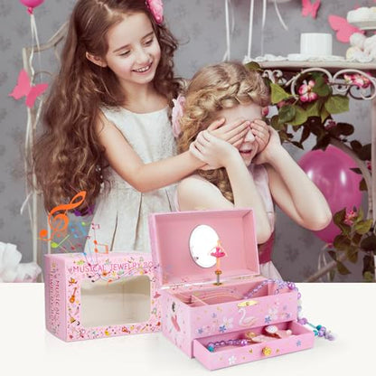 Music Jewellery Box with Drawer Necklace Bracelet, Musical Jewelry Storage Case with Spinning Ballerina Gift Set for Kids Girls Children Daughter (Pink Ballerina) - color: Pink Ballerina