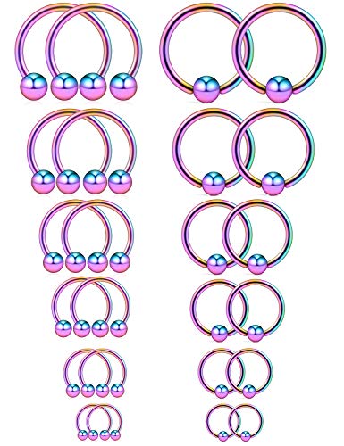 16-24PCS 16G Surgical Steel Horseshoe & Captive Bead Nose Hoop Septum Earring Eyebrow Tongue Lip Nipple Helix Tragus Piercing Jewelry Rings 6-16mm - color: 24PCS - Rainbow