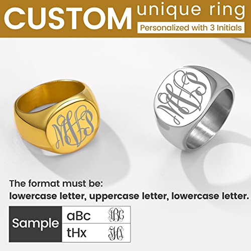 GoldChic Jewelry Personalized Signet Rings Men Women, Stainless Steel Custom Photo Bold Square/Oval Monogram/Old English Initial Pinky Stacking Statement Ring in Black/Silver/Gold (Size 7-14) - color: Gold-Monogram -Round