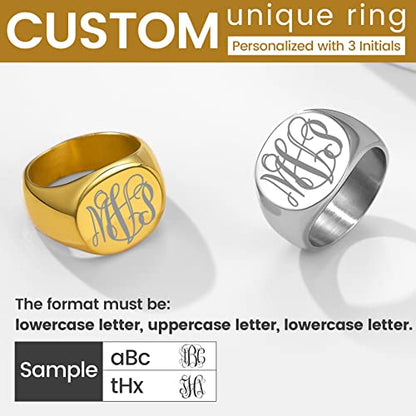GoldChic Jewelry Personalized Signet Rings Men Women, Stainless Steel Custom Photo Bold Square/Oval Monogram/Old English Initial Pinky Stacking Statement Ring in Black/Silver/Gold (Size 7-14) - color: Gold-Monogram -Round