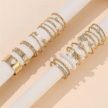 HUASAI Gold Stackable Rings Set for Women Boho Dainty Moon Star Pearl Leaf Cubic Zirconia Heart Midi Pinky Trendy Jewelry Birthday Gifts - color: E Gold Pearl Rings 21 Pcs