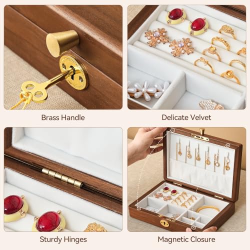 Black Walnut Wooden Lockable Jewelry Box, Natural Solid Wood Jewelry Organizer, Velvet Lined Case with Adjustable Dividers for Necklace Ring Earrings Bracelet, Handcrafted Gifts for Mom Women Girls - color: 1 Layer Lockable