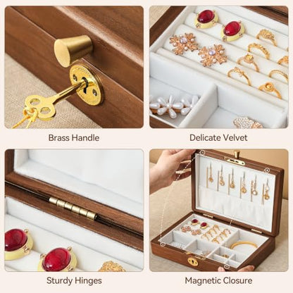 Black Walnut Wooden Lockable Jewelry Box, Natural Solid Wood Jewelry Organizer, Velvet Lined Case with Adjustable Dividers for Necklace Ring Earrings Bracelet, Handcrafted Gifts for Mom Women Girls - color: 1 Layer Lockable