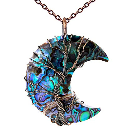 Bivei Life Tree Crescent Moon Necklaces for Women | Copper Wire Wrap Gemstones Pendant Crystals and Natural Stones Necklace Witch Jewellery Christmas Valentine's Day for Friends - color: Blue Abalone Shell, style: Pack of 1