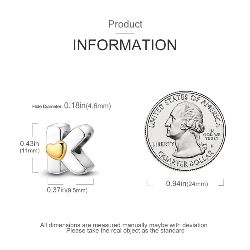 Women 925 Sterling Silver Charms A-Z Heart Letters Beads Pendant for Bracelets Women Fit Pandora Bracelets Hypoallergenic Beads - color: K
