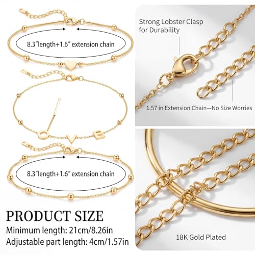 14K Gold-Plated Anklets for Women, 3Pcs Dainty Golden Anklet Set, Waterproof Tarnish Resistant Adjustable Ankle Bracelets (8.26"+1.57" Extender), Hypoallergenic Summer Jewelry Gift