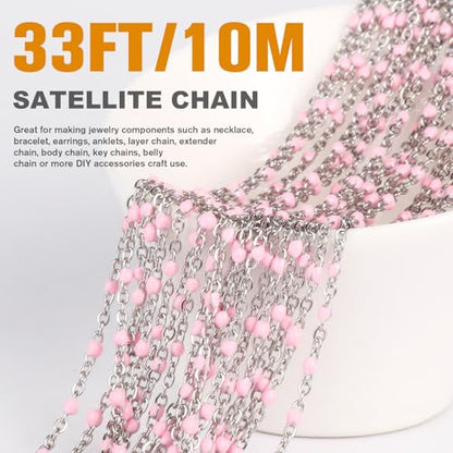 33FT 2mm Stainless Steel Pink Enamel Link Chains Bulk for Jewelry Making | 304 Stainless Steel Enamel Beaded Cable Chains Roll Spool for Necklace Bracelet Craft - color: Stainless Steel Pink Beads