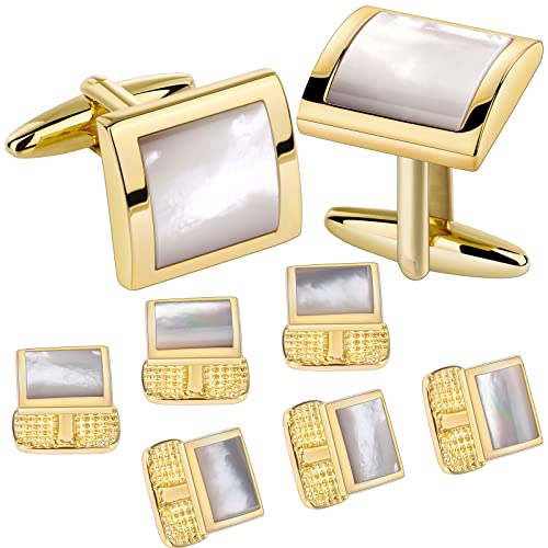HAWSON Cufflinks and Studs for Men with Gift Box, Gold or Silver Tone Cuff Links, Mens Jewelry or Accessories for Wedding Business Anniversary Birthday - color: Gold+Mother of Pearl
