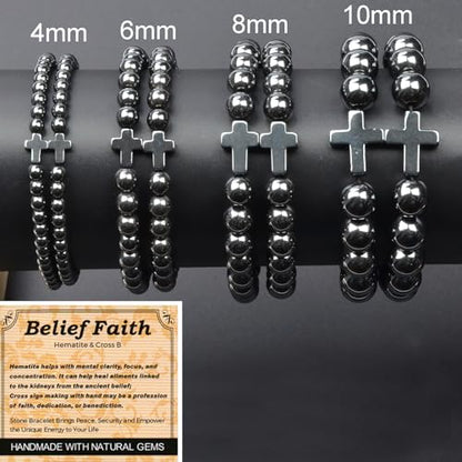 MASSIVE BEADS Handmade Yoga Stretch Elastic Bracelet Natural Stone Crystal Healing Power Energy Gifts for Unisex Adult 4mm 6mm 8mm 10mm - color: BELIEF FAITH(Hematite and Cross B), size: 10mm