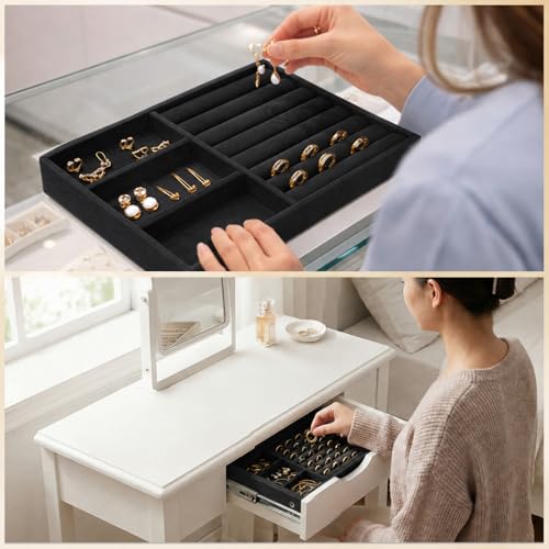 Jewelry Box Insert Organizer for Drawer, Stackable Trays Velvet Jewelry Drawer Inserts, Ring Earring Stud Necklace Holder Display Storage Case(Black, 8.3 x 4.9in) - color: Black