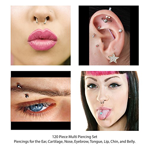 BodyJ4You 120PC Body Piercing Jewelry Kit - CBR BCR Rings Barbells Studs Screws Curved Bars - Belly Button Cartilage Tragus Nose Septum Tongue - 14G 16G 18G 20G Stainless Steel Random Bulk Set - color: 120PC Random Jewelry