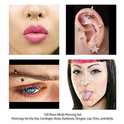 BodyJ4You 120PC Body Piercing Jewelry Kit - CBR BCR Rings Barbells Studs Screws Curved Bars - Belly Button Cartilage Tragus Nose Septum Tongue - 14G 16G 18G 20G Stainless Steel Random Bulk Set - color: 120PC Random Jewelry