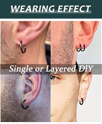 Surgical Steel Huggie Hoop Earrings & Flat Back Studs for Women Men, 6mm-14mm Small Hoops for Cartilage Helix Tragus Lobe, 1-10 Pairs Multiple Piercing Jewelry Set for Sensitive Ears - style: 1Pair,Black,8mm(THK:1.6mm)