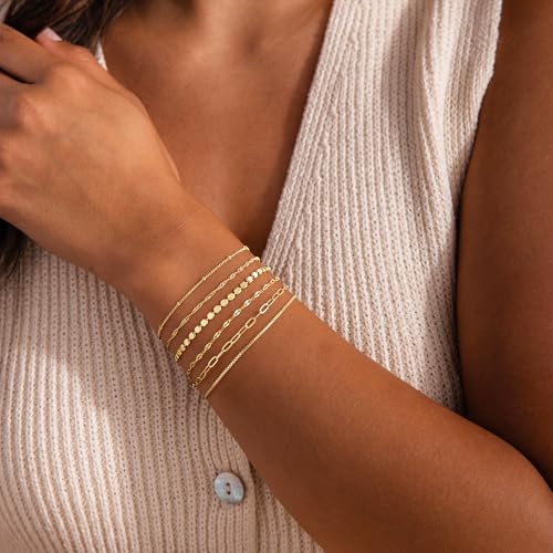 M MOOHAM Gold Bracelets Set for Women No Tarnish | 14K Gold Plated, Dainty Stackable Bracelets Stack for Women, Herringbone Paperclip Rope Cuban Chain Bracelet Set Stack - color: 6.Singapore Dot Set