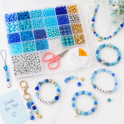 1900 PCS Blue Mixed Beads for Jewelry Making, Bracelet Making Kit with Alphabet Beads, Clay Beads, Pony Beads, Seed Beads and Pearls for DIY Jewelry Crafts