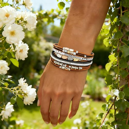 Leather Wrap Bracelets for Women, Boho Leopard Multi-Layer Crystal Beads Cuff Jewelry - color: J-Warp-026