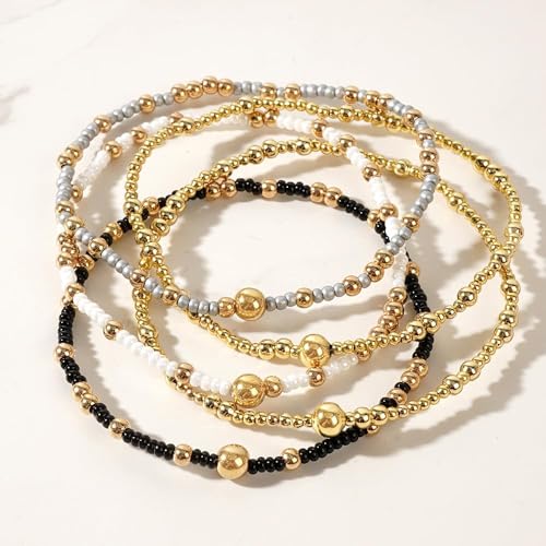 Stack Small Seed Bead Bracelets Set for Women, Boho Handmade Colorful Stretch Accessories Jewelry, Summer Beach Daily Wear Holiday Friendship Gift - color: Black