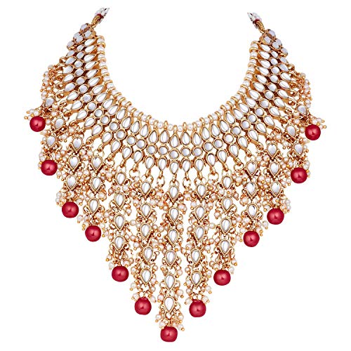 Aheli Elegant Indian Wedding Wear Faux Kundan Studded Choker Necklace with Maang Tikka Set Ethnic Fashion Jewelry for Women Maroon Kundan & Pearl Drop - color: Red 2
