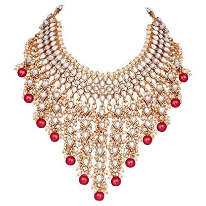 Aheli Elegant Indian Wedding Wear Faux Kundan Studded Choker Necklace with Maang Tikka Set Ethnic Fashion Jewelry for Women Maroon Kundan & Pearl Drop - color: Red 2