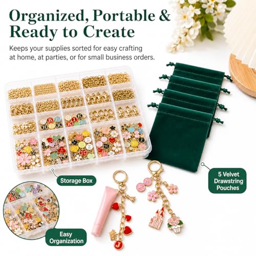 XUHAO7 544Pcs DIY Keychain & Bag Charm Making Kit - Craft Supplies | DIY Lip Gloss Keychain Charms Craft with Pendants, Keyring Hooks, Chains, Clasps, Tools, 5 Velvet Pouches & Storage Box - size: 544pcs