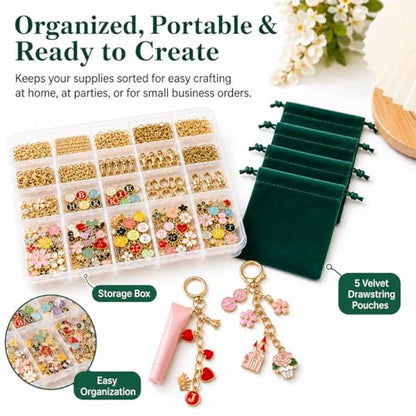XUHAO7 544Pcs DIY Keychain & Bag Charm Making Kit - Craft Supplies | DIY Lip Gloss Keychain Charms Craft with Pendants, Keyring Hooks, Chains, Clasps, Tools, 5 Velvet Pouches & Storage Box - size: 544pcs