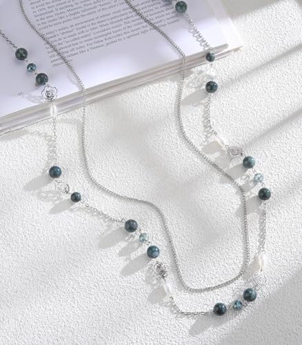 FULU AUTUMN Long Layered Silver Necklaces for Women - Natural Stone and Dainty Flower Beaded Sweater Chain Fashion Jewelry Gifts - color: Green