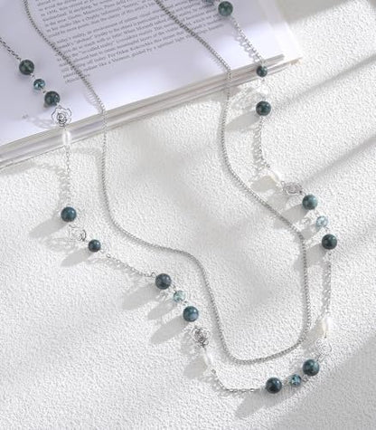 FULU AUTUMN Long Layered Silver Necklaces for Women - Natural Stone and Dainty Flower Beaded Sweater Chain Fashion Jewelry Gifts - color: Green