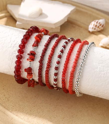 Noessla Boho Beaded Bracelets for Women Stackable Irregular Natural Stone Bead Stretch Bracelet Set 8PCS Costume Jewelry Gifts for Her - color: Red
