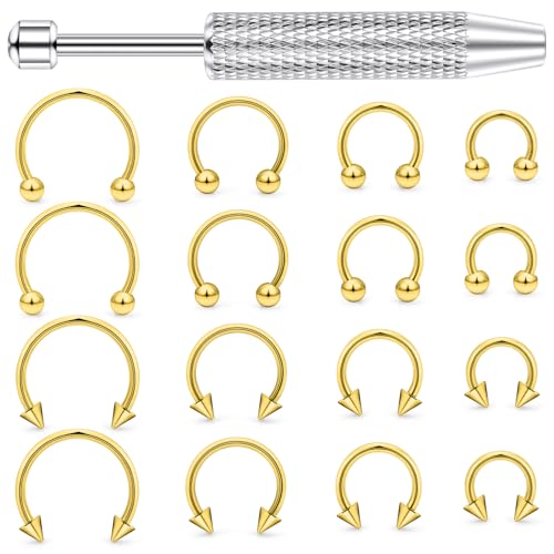 Hoeudjo 16G Horseshoe Septum Rings with Ball Grabber Tool Hypoallergenic Surgical Steel Septum Piercing Jewelry Lip Rings for Women Men Diameter 6mm 8mm 10mm 12mm - color: goldtone
