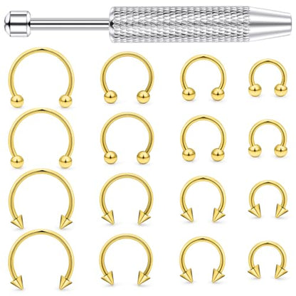 Hoeudjo 16G Horseshoe Septum Rings with Ball Grabber Tool Hypoallergenic Surgical Steel Septum Piercing Jewelry Lip Rings for Women Men Diameter 6mm 8mm 10mm 12mm - color: goldtone