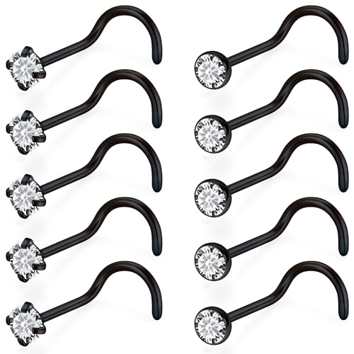 18G 20G 22G Stainless Surgical Steel Titanium Nose Rings Studs for Women L Shaped Nose Studs Screw Nose Rings Nostrial Piercing Jewelry for Women Men Silver Gold Black - style: 18G/1.5mm CZ/Screw/Black