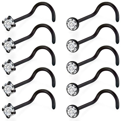 18G 20G 22G Stainless Surgical Steel Titanium Nose Rings Studs for Women L Shaped Nose Studs Screw Nose Rings Nostrial Piercing Jewelry for Women Men Silver Gold Black - style: 18G/1.5mm CZ/Screw/Black