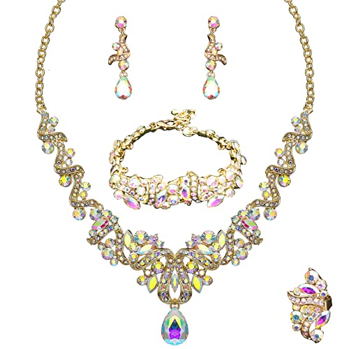 Jewelry Set for Women, Statement Necklace Dangle Earrings Bracelet Ring, White/KC Gold Plated Jewelry Set with Rhinestone Pearl Crystal Wedding Party Jewelry for Bridal Bridesmaid - color: Set001-Style2-AB Crystal-Gold Plated
