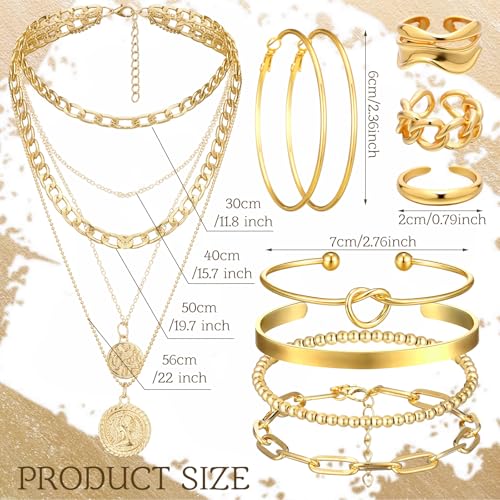 Ecally Bohemian Western Jewelry Turquoise Set Women Country Pendant Long Choker Layered Bracelets Earrings Ring for Women - color: Gold, style: Layered