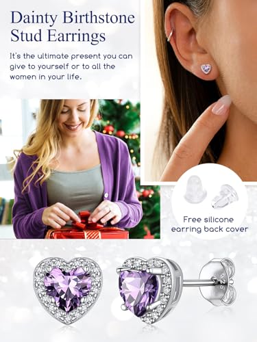Suplight 925 Sterling Silver Birthstone Stud Earrings for Women, Round/Heart/Teardrop/Square Crystal Diamond Earrings for Women, Dainty Birthday Gifts Jewelry - color: style b-02. heart-February(Created Amethyst)