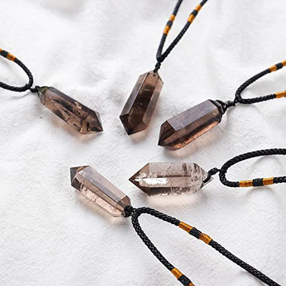 Runyangshi Smoky Quartz Healing Crystal Pendants, Double Pointed Natural Crystal Quartz Necklace 6 Faceted Chakra Crystal Wand Stone Reiki Meditation - color: Smoky