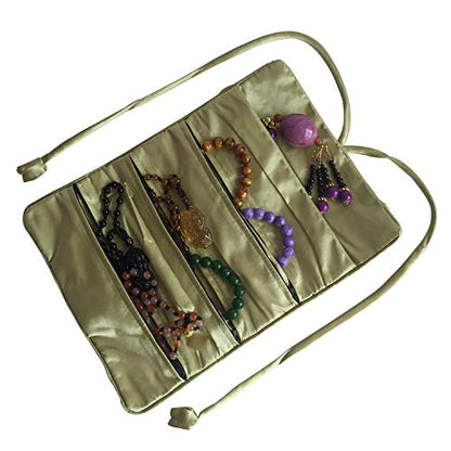 Travel Jewelry Roll Bag - Embroidered Brocade Pouch for Rings, Necklaces, Earrings, Bracelets | Lightweight & Tie Closur (Grass Green) - color: Grass Green