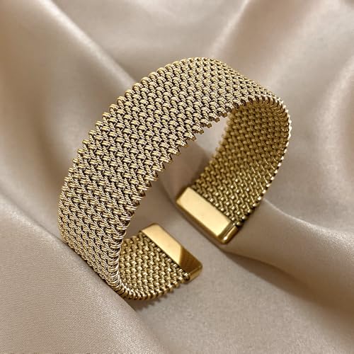 hotoo Gold Open Cuff Bangles Wide Woven Bracelets For Women Stainless Steel Stackable Jewelry For Xmas Birthday Gifts - style: Cuff Bracelet