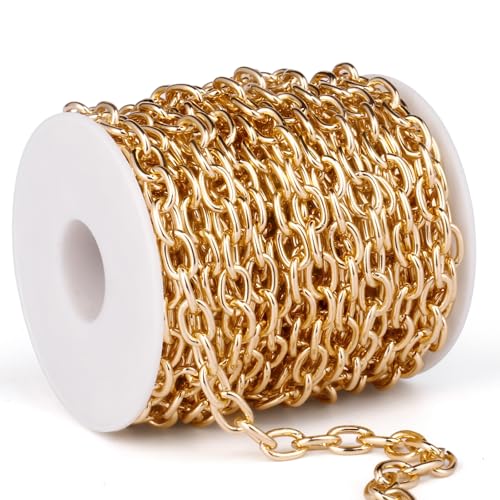 33FT 7.5MM Gold Rolo Cable Chain Roll Bulk for Jewelry Making DIY Craft | Light Weight Gold Plated Aluminium Cable O Link Chains Spool for Necklace Bracelet - color: Gold Color, size: 7.5mm width