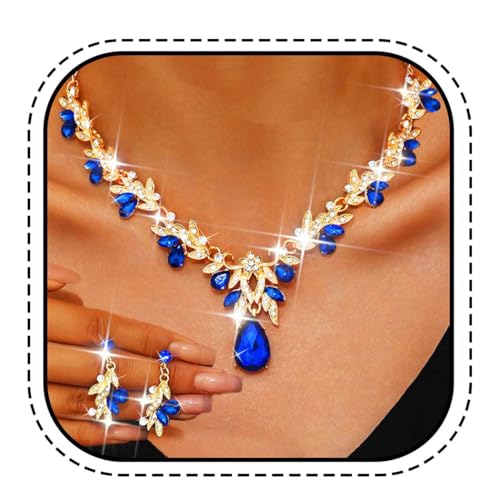 Rhinestone Bridal Wedding Jewelry Sets Gold Necklace Earrings Set Leaf Prom Formal Costume Jewelry Set for Women and Brides - color: Blue