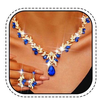 Rhinestone Bridal Wedding Jewelry Sets Gold Necklace Earrings Set Leaf Prom Formal Costume Jewelry Set for Women and Brides - color: Blue