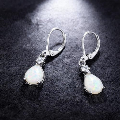 Dainty Opal Earrings for Women Sterling Silver Pear Oval Blue Opal Dangle Earrings Leverback Earrings Gold - color: leverback-white