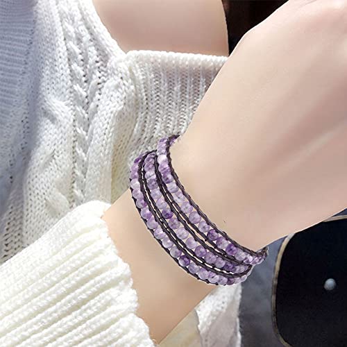 Genuine Stone Wrap Bracelets for Women Natural Crystal Beaded Wrap Bracelet 2/3/5 Adjustable Bohemian Bracelets Jewelry Gifts for Women Mom - color: amethyst(3 wraps)