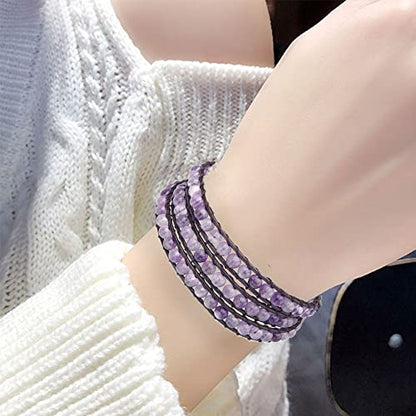 Genuine Stone Wrap Bracelets for Women Natural Crystal Beaded Wrap Bracelet 2/3/5 Adjustable Bohemian Bracelets Jewelry Gifts for Women Mom - color: amethyst(3 wraps)