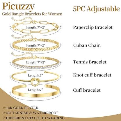 14K Gold Plated Stackable Bangle Bracelets Set for Women | Cuff Bracelet Stackable Bangles Bracelet for Women Trendy Fashion Accessories Tie Knot Cuban Rope Paperclip Beaded Bracelets - color: 5-layer D GD